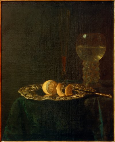 Gümüş tabak, limon, roma ve flüt ile ziyafet natürmort by Simon Luttichuys