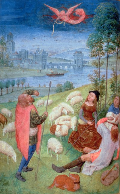 Ekle 38126 fol.79v-80 Çobanlara Müjde, Huth Saatlerinden, 485-90 (parşömen)iennes (20281 detayı) by Simon Marmion
