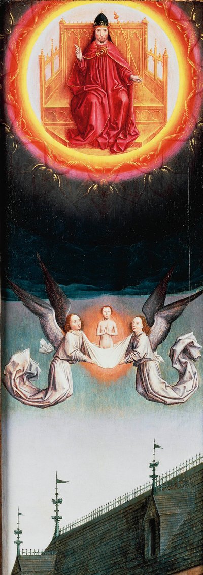 Aziz Bertin'in ruhu cennete yükseliyor, Aziz Bertin Altarpiece parçası, yaklaşık 1459, Simon Marmion (yaklaşık 1425-1489), panel üzerine yağlı boya, 57,7x20,5 cm by Simon Marmion