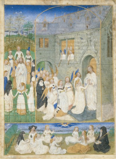 Kutsal Bakireler, Cennetin Kapılarına Girerken İsa Tarafından Karşılandılar, M.Ö. 1467-70. by Simon Marmion