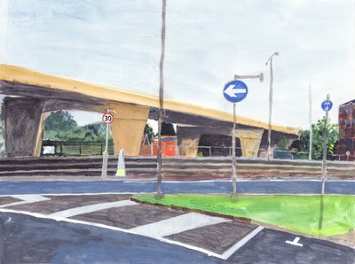 Beton üst geçit, 2019 (kağıt üzerine akrilik, suluboya ve mürekkep) by Simon Neville
