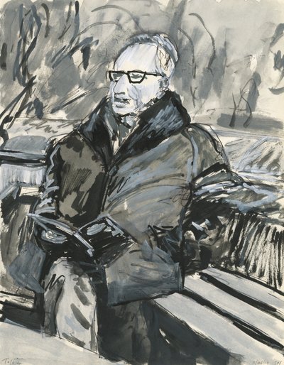 Kitap okuyan adam, 2019 (kağıt üzerine mürekkep ve akrilik boya kalemleri) by Simon Neville