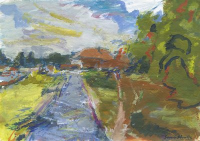 Pavenment  shortcut to houses, 2024 (kağıt üzerine akrilik, suluboya, suluboya kalemleri ve yağlı pastel) by Simon Neville