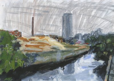 River Wandle and Ram Brewery redevelopment site, Wandsworth, 2025 (akrilik, akrilik boya kalemleri, çini mürekkepli kalemler, yağ bazlı mürekkepli kalemler ve kağıt üzerine grafit) by Simon Neville