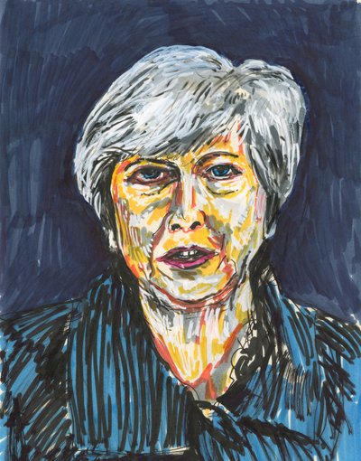 Theresa May, 2019 (kağıt üzerine mürekkep ve akrilik boya kalemleri) by Simon Neville