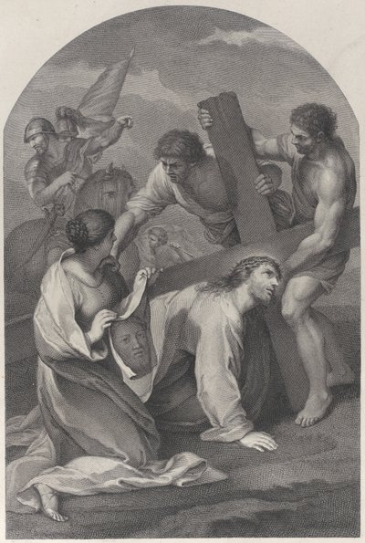 İsa, iki adamın yardım ettiği çarmıhın ağırlığı altında yere düştü ve ..., yakl. 1729. by Simon Vallee