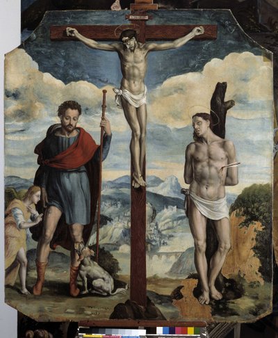 St. Roch ve St. Sebastian ile çarmıha gerilme (ahşap üzerine yağlı boya) by Simon de Châlons