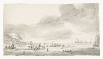 Kabuklu balıkçılar ve yürüyüşçüler ile plaj sahnesi by Simon de Vlieger (possibly)