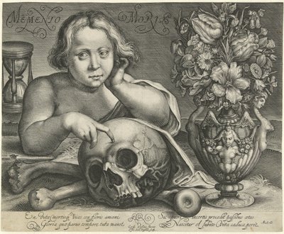 Kafatası olan çocuk (Vanitas) Memento Mori (nesne üzerindeki başlık) by Simon van de Passe