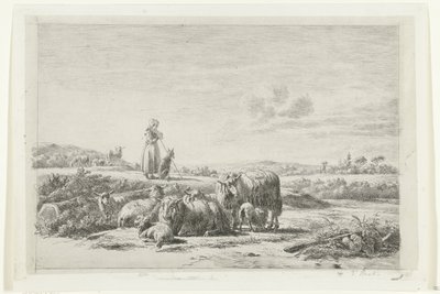 Bir çoban ve koyun sürüsü olan bir köpekle manzara by Simon van den Berg