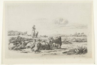 Bir çoban ve koyun sürüsü olan bir köpekle manzara by Simon van den Berg