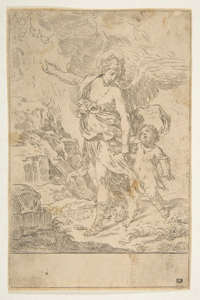 Bir çocukla yürüyen bir koruyucu melek, ca. 1640. by Simone Cantarini