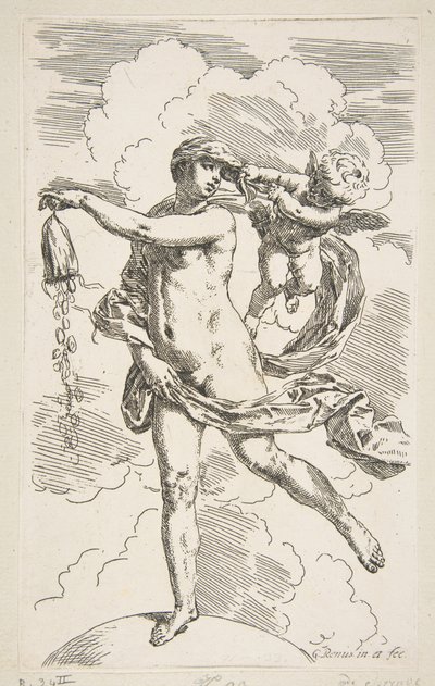 Bir kese bozuk para boşaltan bir küre üzerinde duran servet, ca. 1635-1636. by Simone Cantarini