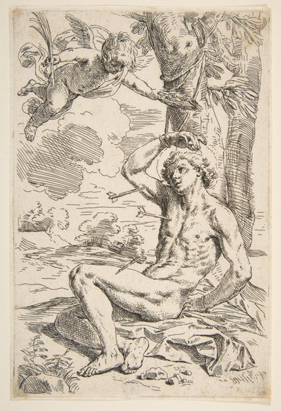 Aziz Sebastian oklarla deldi ve bir ağaca bağladı, yaklaşık. 1639. by Simone Cantarini
