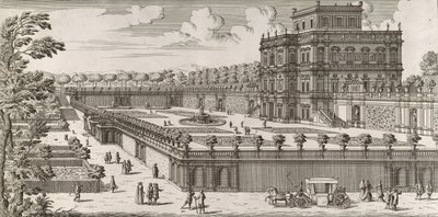 Palazzo Pamphili'nin yan cephesinin ve bahçesinin Secondo prospetto pe ..., 1677'den sonra görünümü. by Simone Felice