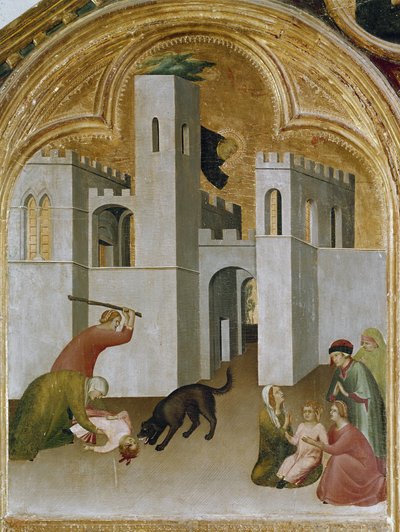 Çocuğun mucizesi bir kurdun dişlerinin arasına sıkışır. Üç Parçalı St. Augustine Hermit Tarihinin bir parçası (ahşap üzerine Tempera by Simone Martini