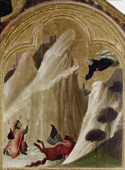 Şövalyenin uçurumdan düşüp hayatta kalması mucizesi. Üç Parçalı St. Augustine Hermit Tarihinin bir parçası (ahşap üzerine Tempera by Simone Martini