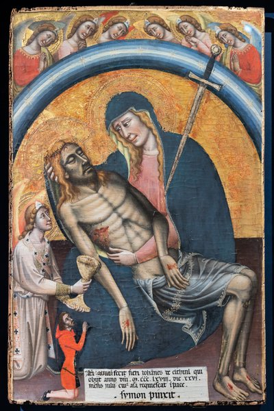 Müşteri ile ölü İsa üzerine ağıt, Iohannes de Elthinl, Simone dei Crocifissi, c. 1368. Bakire, kalbinde bir kılıçla Acıların Leydisi olarak temsil edilir. by Simone dei Crocifissi