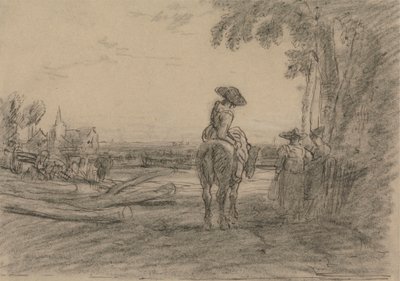 Bir Manzaraya Bakan İki Ayakta Kadınla Atlı Kadın by Sir Augustus Wall Callcott
