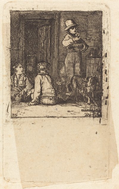 Üç Erkek ve Bir Köpek ile İç Mekan by Sir David Wilkie