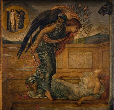 Aşk Tanrısı ve Ruh - Saray Yeşil Duvar Resimleri - Bir Çeşmenin Yanında Aşk Tanrısı Uykuda Bulma, 1881. by Sir Edward Coley Burne Jones