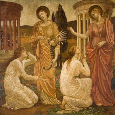Aşk Tanrısı ve Ruh - Saray Yeşil Duvar Resimleri - Juno ve Ceres Tapınaklarında Ruh, 1881. by Sir Edward Coley Burne Jones