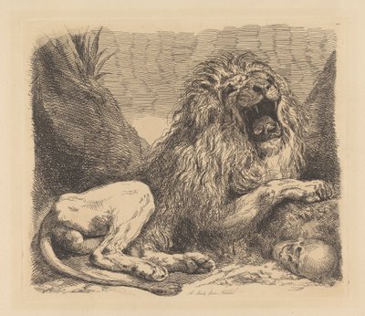 Doğadan Bir Çalışma; kayaların arasında kükreyen bir aslan, sağ altta bir insan kafatası by Sir George Hayter