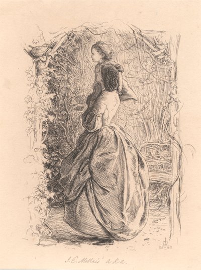 Mutlu Bahar Zamanı. Kadın ve Çocuk Yuvadaki Kuşa Bakıyor. by Sir John Everett Millais