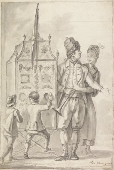 İki Görevli Figür ve İki Çocuklu Bir Dikiz Gösterisi Çalışması by Sir Peter Francis Bourgeois