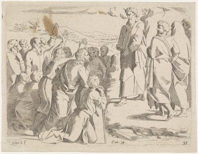 Musa şeriat levhalarını halka gösterir İncil sahneleri (dizi başlığı) Historia del Testamento Vecchio / Dipinta in Roma nel Vaticano da Raffaelle di Urbino (...) (dizi başlığı) by Sisto Badalocchio