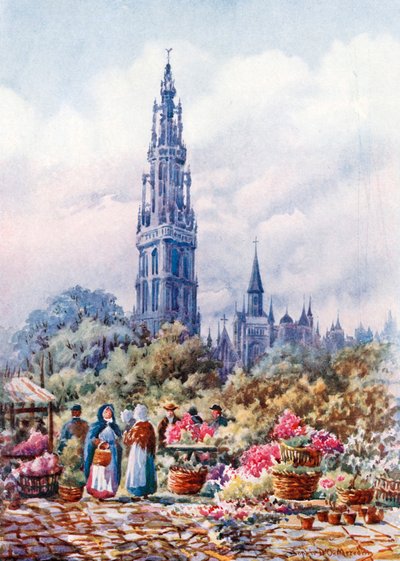Katedral ve Place Verte, Antwerp (renkli taş baskı) by Sophie D