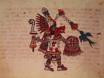 Quetzalcoatl, tüylü yılan, rüzgar tanrısı, öğrenme ve rahiplik, yaşamın efendisi, yaratıcı ve uygarlaştırıcı, her sanatın hamisi ve metalurjinin mucidi (parşömen) by South American School