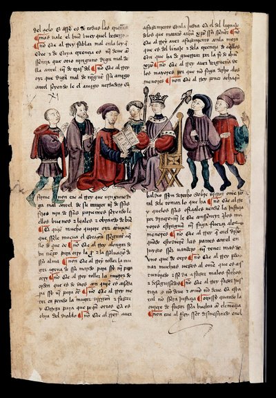 Bir adam krala bir kitap sunar, "Cezalar Kitabı veya İyi Yaşam İçin Belgeler" deki minyatür by Spanish School