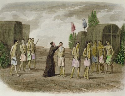 Tupinamba kabilesinin yerli bir kölesi, 1550'de Bahia yakınlarında bir Cizvit rahip tarafından vaftiz edilir. by Spanish School
