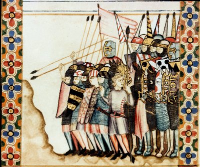 Armee des croises Aziz Meryem Şarkısı'nın (Cantigas de Santa Maria) bir el yazmasından alınan bir sayfanın detayı, Aziz Meryem'e ve mucizelerine adanmış minyatürleri süsler, Bilge Alfonso X'in (1221- 1221- 1284). by Spanish School