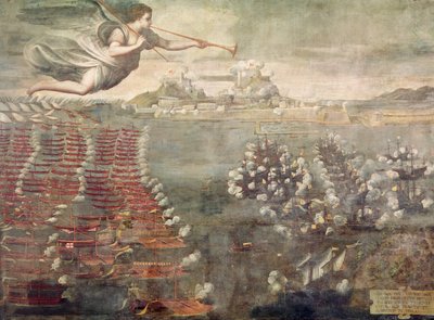 İnebahtı Savaşı. Messina Limanı'na giren muzaffer gemiler (tuval üzerine yağlı boya) by Spanish School