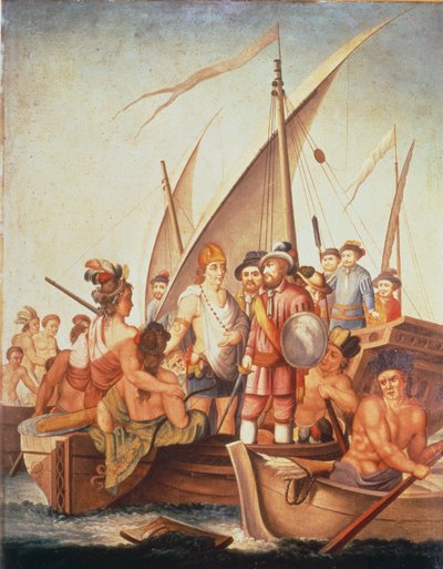 Meksika'nın Fethi: Garcia de Holguin Guatimozin'i Ele Geçirdi (gemideki petrol) by Spanish School