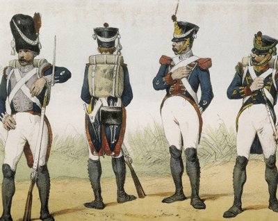 DE SOTTO, Serafin Maria, Clonard Kontu (1793 - 1862). Historia organica de las armas de Infanteria y Caballeria espanolas. 1851 - 1859. İspanya Kralı 7. Ferdinand döneminde piyadeler. Grenadier, tüfekçi, çavuş ve chasseur (1815-1820). Gravür by Spanish School