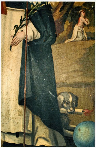 Zambak, asa ve meşaleli köpeği gösteren detay, St. Dominic