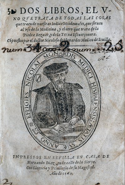 İspanyol Karayip adalarından bir tıp kitabının Nicolas Monardes (1493-1588) portresini ve bezoardın (zehir önleyici) kullanımlarını içeren ön yazı. Nicolas Monardes