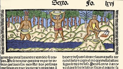 Altın madenciliği: yerli halk, altın aramak için nehri eler. Gonzalo Fernandez de Oviedo (Gonzalo) veya Fernandez de, ou Hernandez de Oviedo y Valdes (1478- by Spanish School
