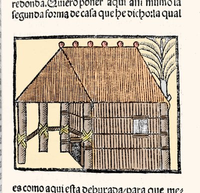 Habitat: Hut Kızılderililerinin tanımı. Gonzalo Fernandez de Oviedo veya Hernandez de Oviedo y Valdes (1478-1557) tarafından “Hint Adaları, adalar ve okyanus anakarasının genel tarihi” kitabından gravür by Spanish School