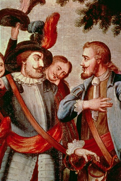 Hernando Cortes (1485-1547) ve Diego di Velasquez (1465-1524) (tuval üzerine yağlı boya) (detay) (bkz. 113574) by Spanish School