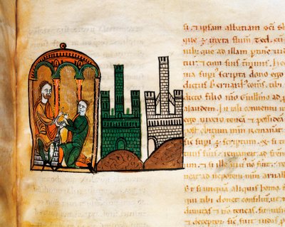 Aragon Kralı II. Alfonso, "Liber Feudorum Maior" el yazmasından bir saraylı alıyor by Spanish School