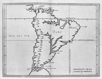 17. yüzyılın başlarından itibaren bir İspanyol seyahat hacminden Meridionale Amerika haritası (Güney Amerika veya Latin Amerika). Pasifik Okyanusu'na Güney Denizi denir ve Peru ve Brezilya ülkeleri, Ekvator çizgisi ve Ekvator çizgisinin yanı sıra adlan by Spanish School