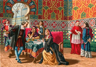 Keşif yolculuğundan önce Columbus ve Ferdinand ve Isabel arasındaki buluşma by Spanish School