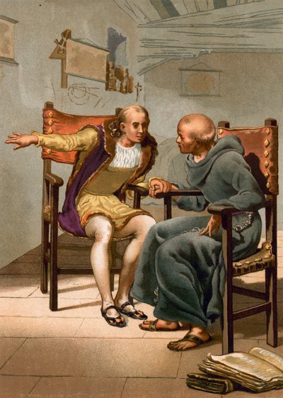 İlk yolculuğun dönüşünde Columbus ve P Marchena arasındaki toplantı by Spanish School