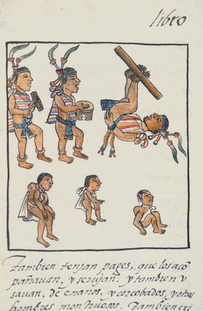 Bayan Palat. 218-220 Kitap IX Aztek eğlenceleri, müzisyenler, hokkabazlar ve kamburlar, Bernardino de Sahagun