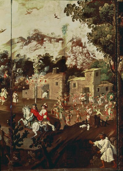 Kızılderililerin kutlamada dans ettiği bir dizi taş evi tasvir eden katlanır bir ekrandan panel (panelde yağlı boya) by Spanish School