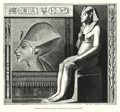 Eski Mısır Firavunu Akhenaten'in (Amenhotep IV) (lito) oturmuş heykeli ve kabartması by Spanish School